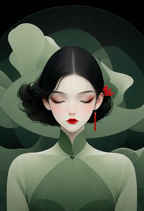 (masterpiece, best quality:1.2), 1 girl, solitary,pretty face，red lips，black hair，simple hairstyle，minimalist art nouveau，illust...