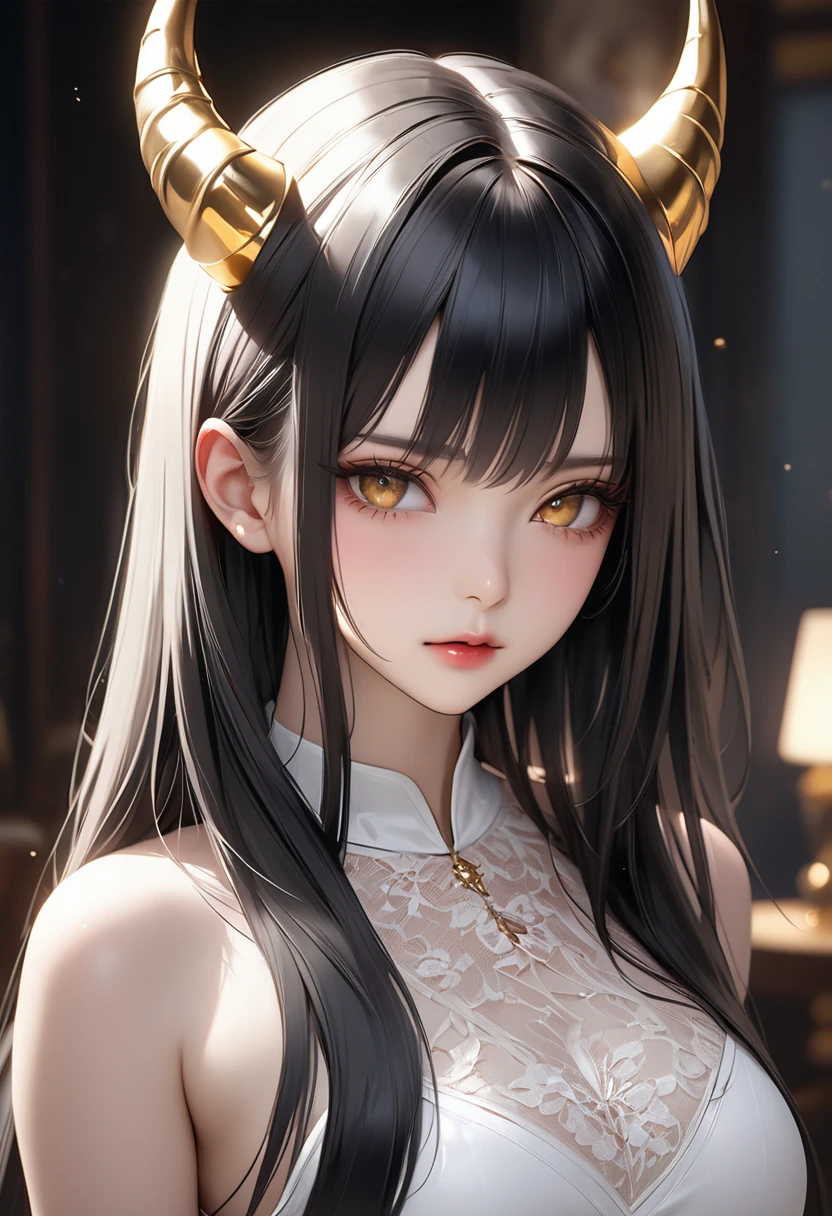 masterpiece, top quality, 8k,  realistic, very dense CG, shiny skin, Black Hair、Straight Hair、Shiny Hair、Delicate hair、A beautiful woman、Golden Eyes、White skin、White devil horns on head、Devil&#39;s Wings、Beautiful gold necklace with a large ruby、Gold earrings with rubies、Gold bracelet with rubies、sit、Leg spread、Masturbation、Sweaty、Spreading pussy、Black dress with gold trim,Low - Angle、nsfw、Show your chest