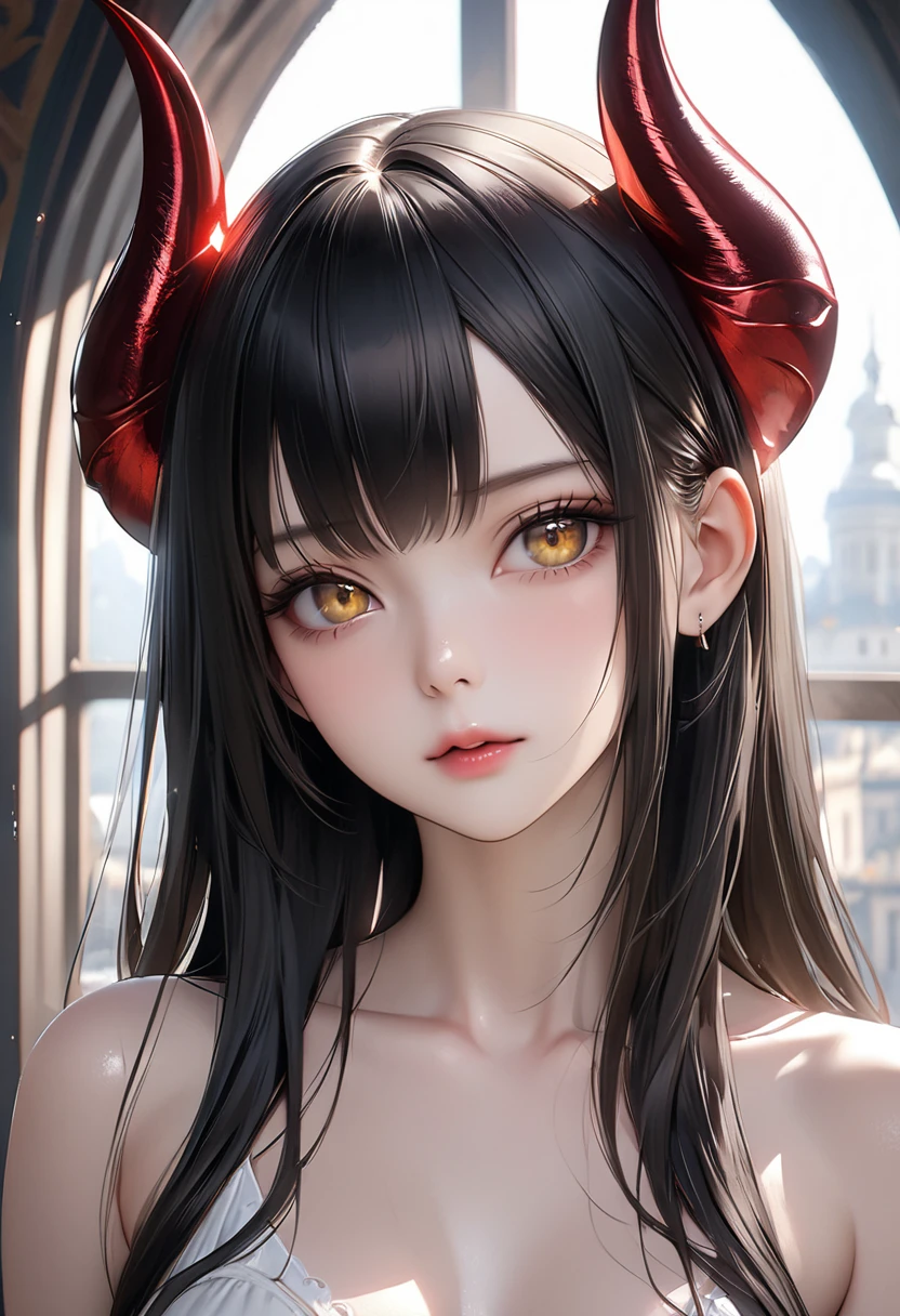 masterpiece, top quality, 8k,  realistic, very dense CG, shiny skin, Black Hair、Straight Hair、Shiny Hair、Delicate hair、A beautiful woman、Golden Eyes、White skin、White devil horns on head、Devil&#39;s Wings、Beautiful gold necklace with a large ruby、Gold earrings with rubies、Gold bracelet with rubies、sit、Leg spread、Masturbation、Sweaty、Spreading pussy、Black dress with gold trim,Low - Angle、nsfw、Show your chest