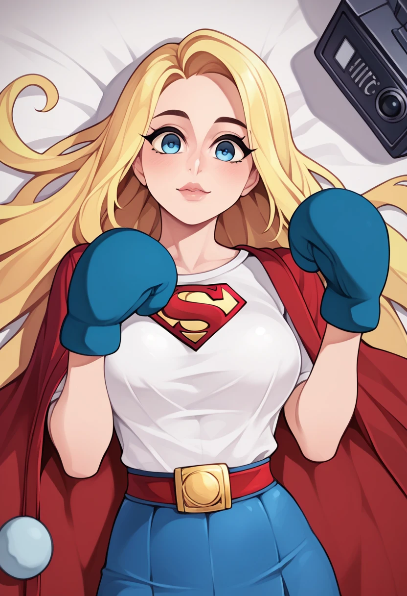 Artwork, CRU, linda arte, professional artist, 8k, very highly detailed face, very detailed hair, 1 girl, Supergirl (hair blonde, long hair, hair elastic, blue colored eyes, mitts, red robe, short and tight blue skirt, white  shirt), lying on her bed in the Watchtower, Panas, Lust, excitado, flushed, your hands exploring your body, thinking about girlfriend, missing your lover, camera from above, no label, No brand, perfectly dCRUn body, beautiful  face, very detailedeyes, rosy cheeks, Intricate details in eyes, pursed lips, perfect shape body, Body cute, extremely detaild, Intricate details, highy detailed, Foco do pointed, skin detailed, realistic skin texture, texture, detailedeyes, high resolution, Cores Kodak Vision, uploads_\(ultra\), Post-processing, Maximum details, roughness, real-life, ultra realistic, pPanasorealism, pPanasography, absurderes, RAW pPanaso, highest quallity, high detail RAW color pPanaso, professional pPanaso, extremely detaild UHD 8k wallpaper unit, best quality, high resolution, (Artwork, Maximum quality, high resolution:1.4), pPanaso, cinematic, film grain, pointed, soft natural light, magic pPanasography, super verbose