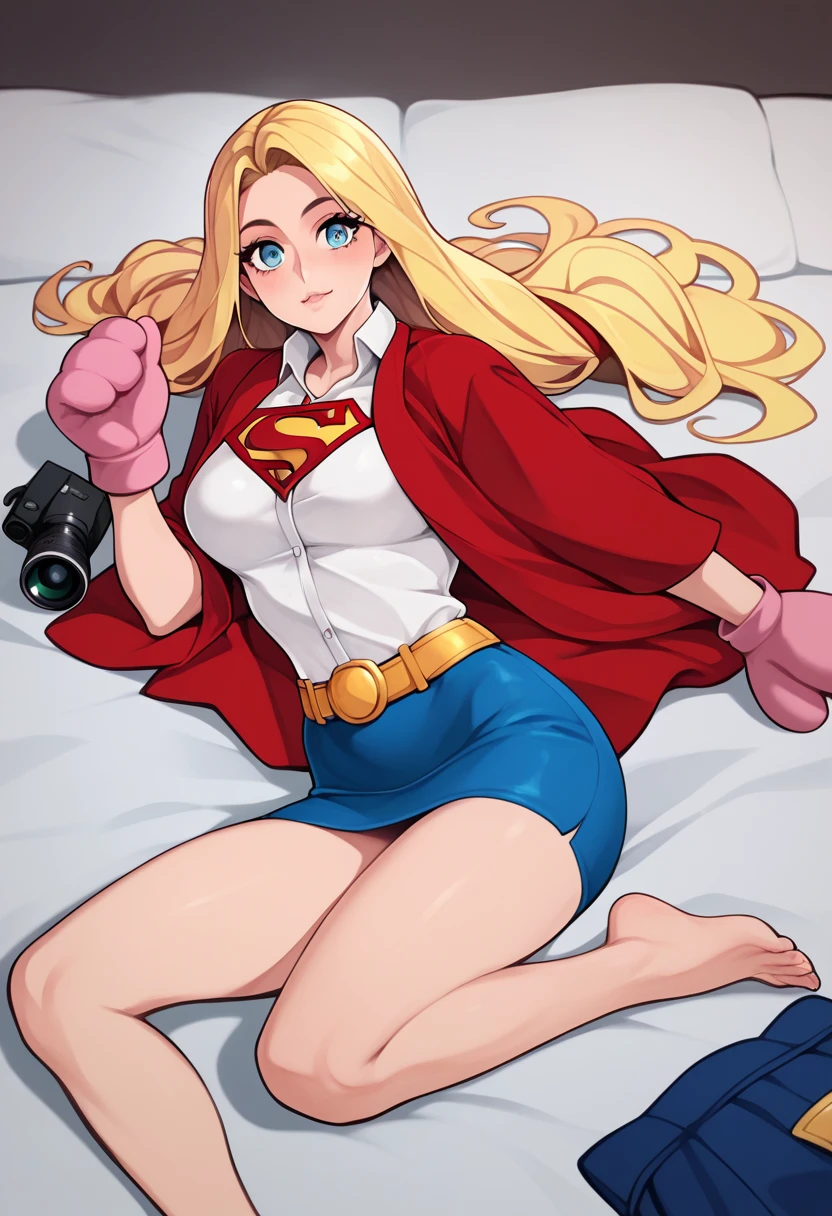 Artwork, CRU, linda arte, professional artist, 8k, very highly detailed face, very detailed hair, 1 girl, Supergirl (hair blonde, long hair, hair elastic, blue colored eyes, mitts, red robe, short and tight blue skirt, white  shirt), lying on her bed in the Watchtower, Panas, Lust, excitado, flushed, your hands exploring your body, thinking about girlfriend, missing your lover, camera from above, no label, No brand, perfectly dCRUn body, beautiful  face, very detailedeyes, rosy cheeks, Intricate details in eyes, pursed lips, perfect shape body, Body cute, extremely detaild, Intricate details, highy detailed, Foco do pointed, skin detailed, realistic skin texture, texture, detailedeyes, high resolution, Cores Kodak Vision, uploads_\(ultra\), Post-processing, Maximum details, roughness, real-life, ultra realistic, pPanasorealism, pPanasography, absurderes, RAW pPanaso, highest quallity, high detail RAW color pPanaso, professional pPanaso, extremely detaild UHD 8k wallpaper unit, best quality, high resolution, (Artwork, Maximum quality, high resolution:1.4), pPanaso, cinematic, film grain, pointed, soft natural light, magic pPanasography, super verbose