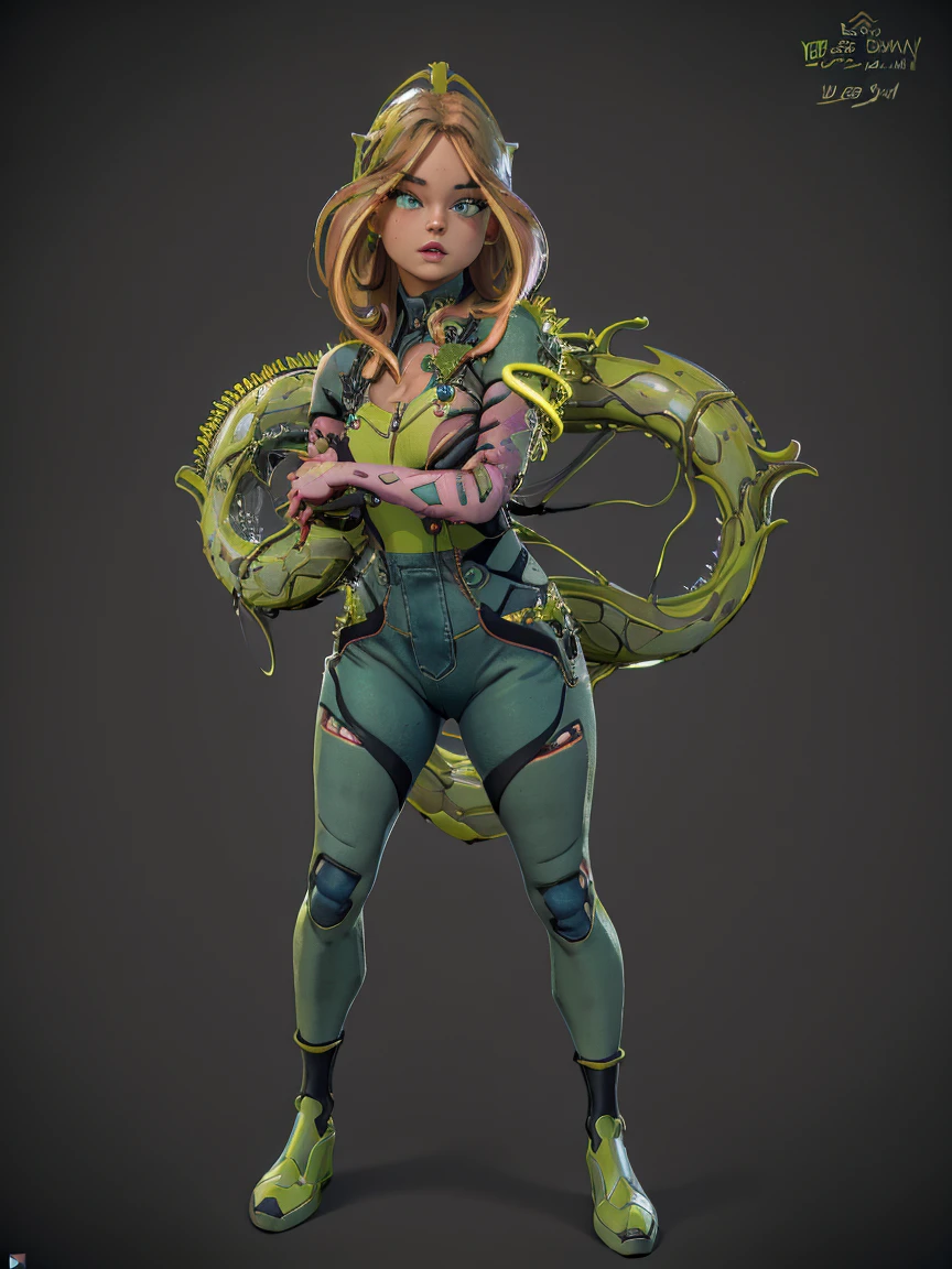 a beautiful detailed girl, beautiful detailed eyes, beautiful detailed lips, extremely detailed face, long eyelashes, cyber girl, girl in overalls, girl with nepenthes plant, girl with circuit pattern, girl with bio armor, black and green color scheme, 8k, high resolution, photorealistic, masterpiece, ultra detailed, physically based rendering, sharp focus, vivid colors, ((full body and standing)).