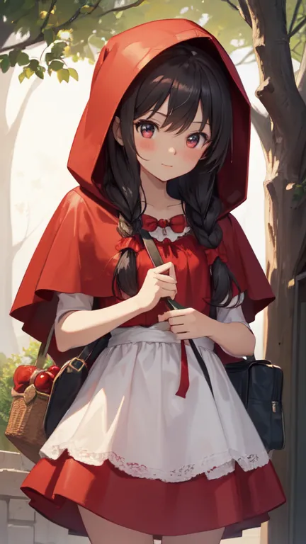 ((the cute little red riding hood girl&#39;s clothes are torn and she is nearly naked、hair is black、she has big breasts、the ches...