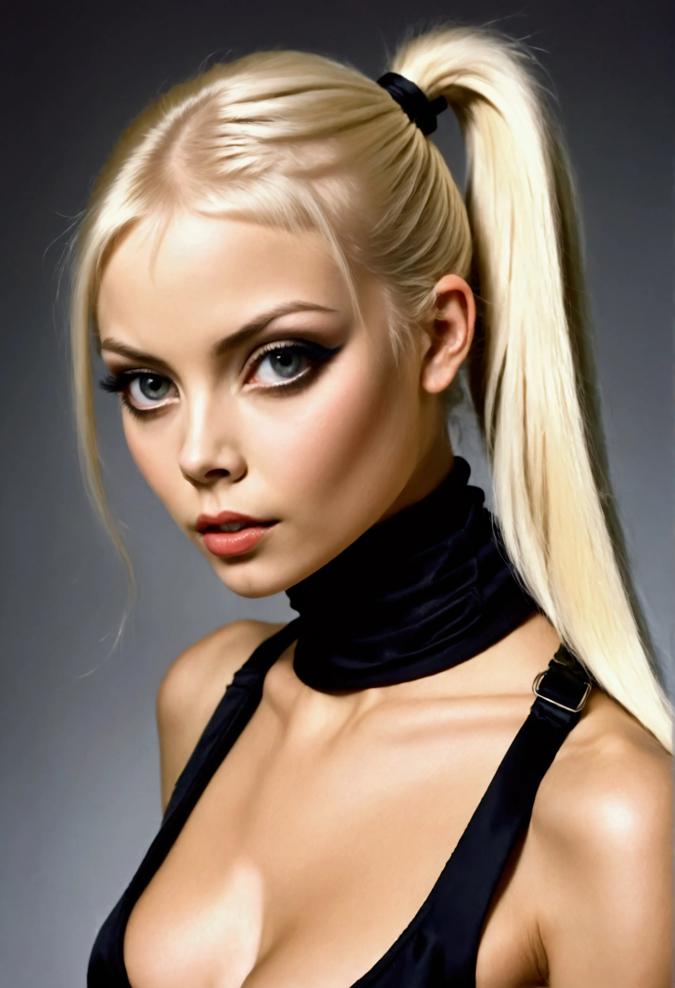 blond woman with a black top and a black tie, sleek blond hair, blonde hair with a pony tail, blonde hair and large eyes, blond ...