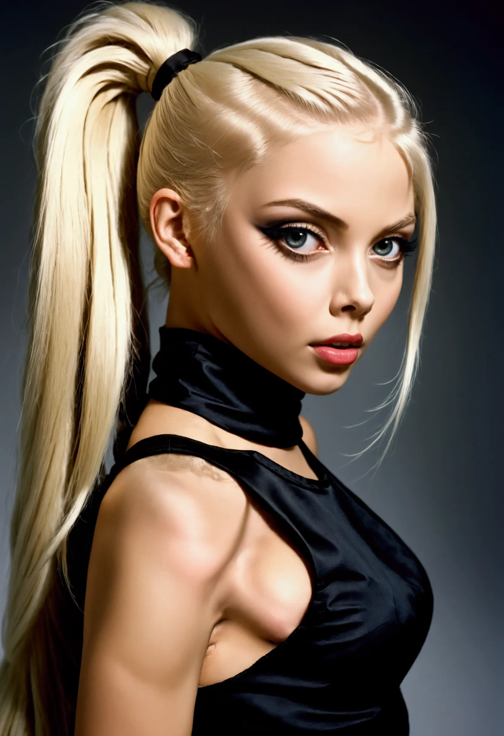 blond woman with a black top and a black tie, sleek blond hair, blonde hair with a pony tail, blonde hair and large eyes, blond ...