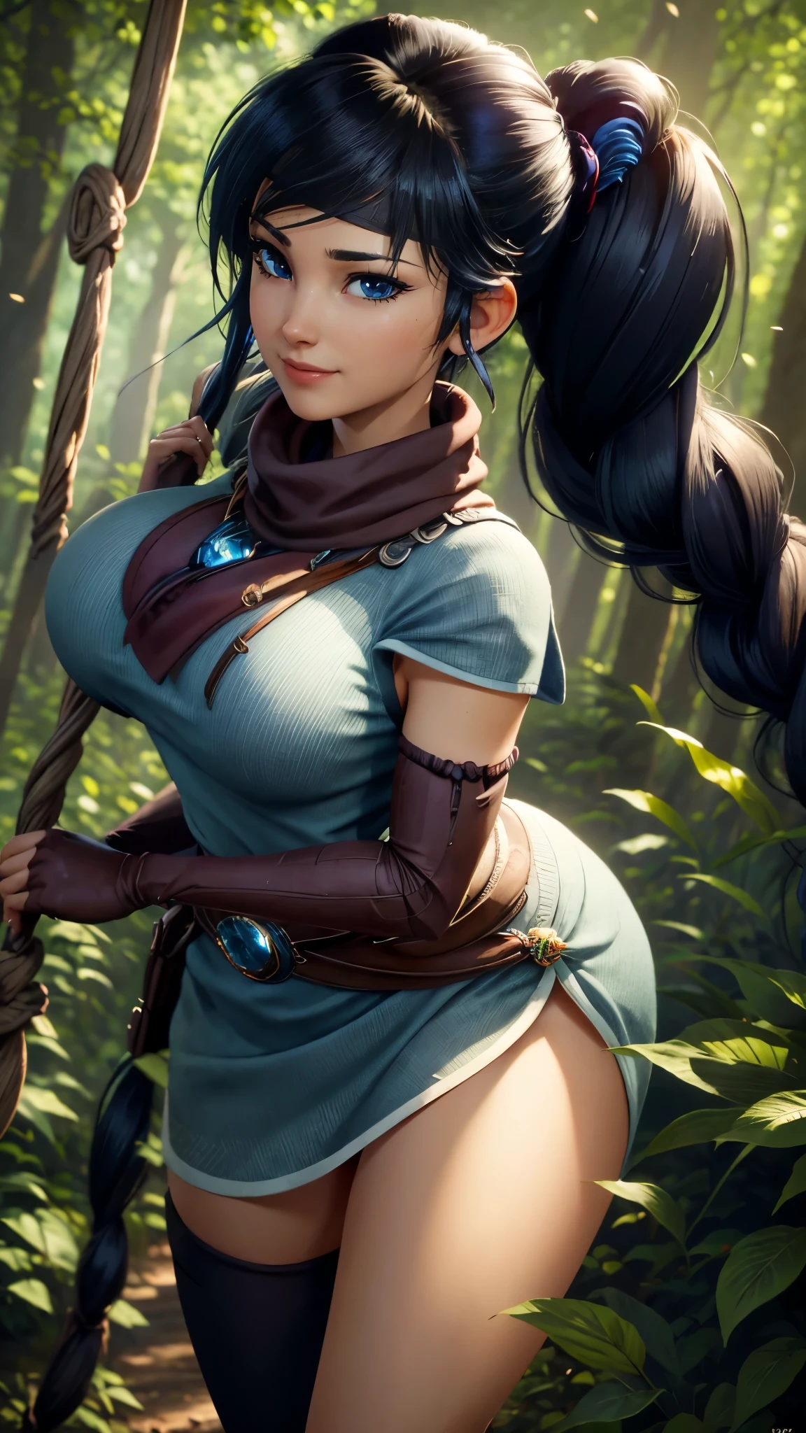 Kena da bridge of spirits,(best qualityer,4K,8k,high resolution,work of art:1.2)(weather: windy), cowboy shot,spirit forest background, long braided hair, long tight dress, thigh high stockings, magic scepter, headband, gloves, ultra detailed,realisitic,portraite,beautiful detailed blue eyes,beautiful detailed lips,extremely detailed eye and face, long eyelashes,sexly,average, large breasts,flying hair,beaming smile,powerful girl in a forest, sexy pose,stunning curves,bright coloured,dramatic lighting,composition,