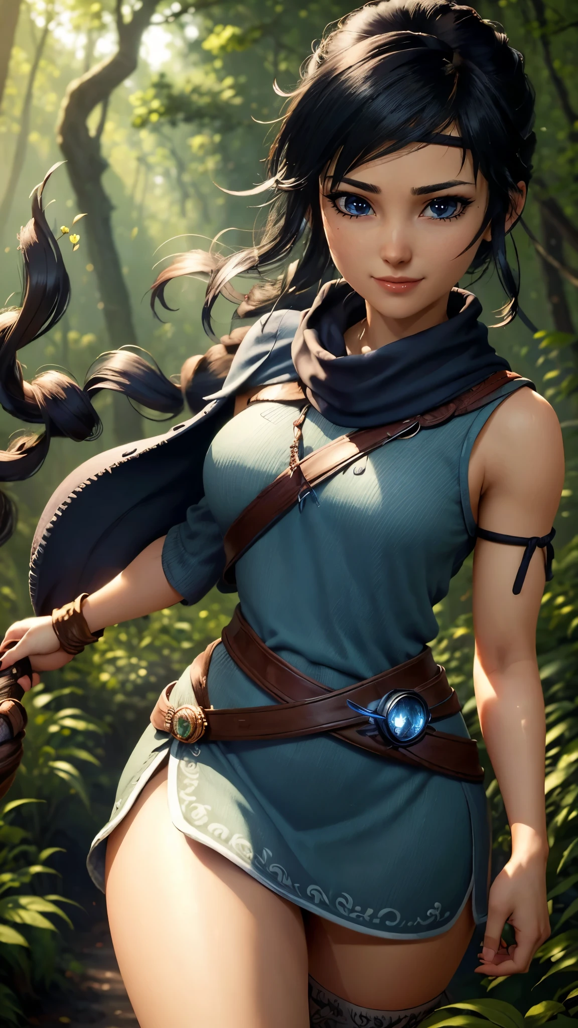 Kena da bridge of spirits,(best qualityer,4K,8k,high resolution,work of art:1.2)(weather: windy), cowboy shot,spirit forest background, long braided hair, long tight dress, thigh high stockings, magic scepter, headband, gloves, ultra detailed,realisitic,portraite,beautiful detailed blue eyes,beautiful detailed lips,extremely detailed eye and face, long eyelashes,sexly,average, large breasts,flying hair,beaming smile,powerful girl in a forest, sexy pose,stunning curves,bright coloured,dramatic lighting,composition,