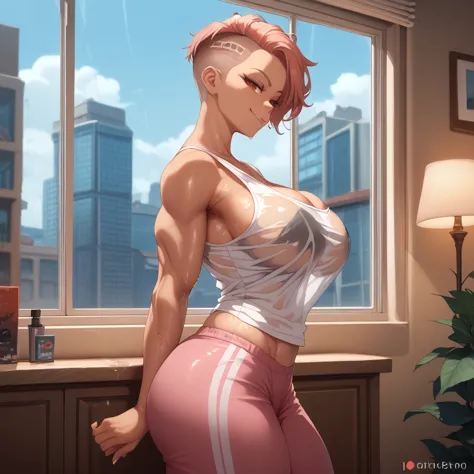 milf, red shaved pixie hair, red eyes, side view, big breasts, thick thighs, smug face, pink sweats pants, black turtle neck tan...