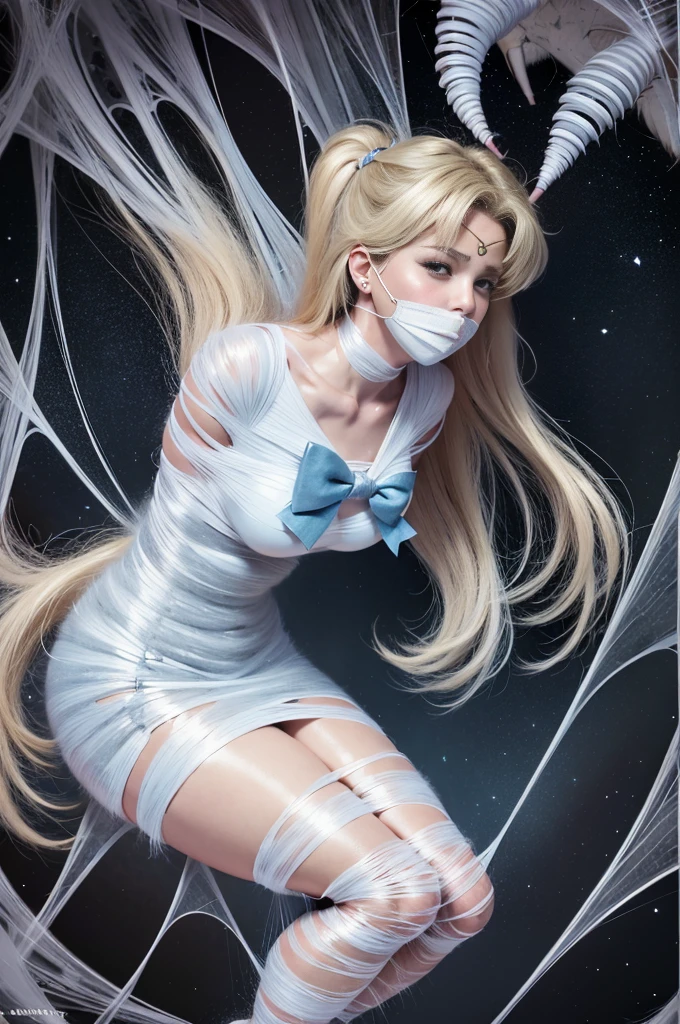 Sailor Venus, bound, Tied up, spiderweb, gag, gagged, Tied up, thick gag, silk, detailed bound legs,  detailed bound mouth, masterpiece, Very detailed, Cinematic, exciting, arms bound behind back, silk, Desperate to escape, Desperate escape attempt, impotence, close, spiderweb, Emotionally intense, gagged