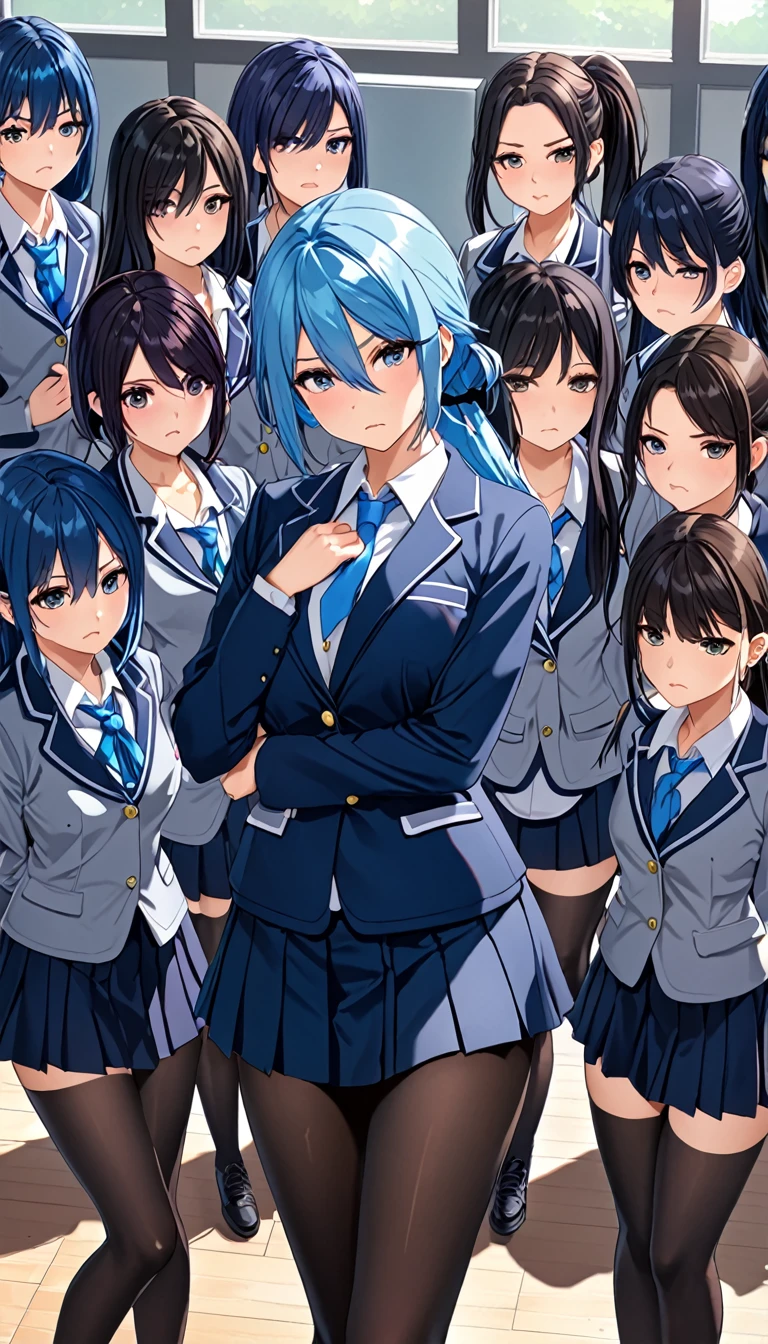 Highest quality、1 1 female、high school girl、Blue Hair、Long Hair、Dark Eyes、ponytail、Big Breasts、Parted bangs、Blazer type student uniform、mini skirt、A strong expression、Black pantyhose、Contrapposto、stand、Cross your arms、Frown