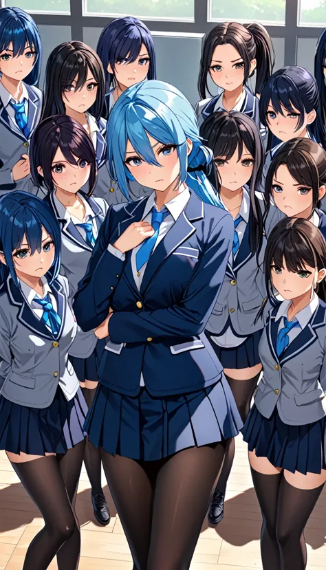 highest quality、1 1 female、high school girl、blue hair、long hair、dark eyes、ponytail、big breasts、parted bangs、blazer type student ...