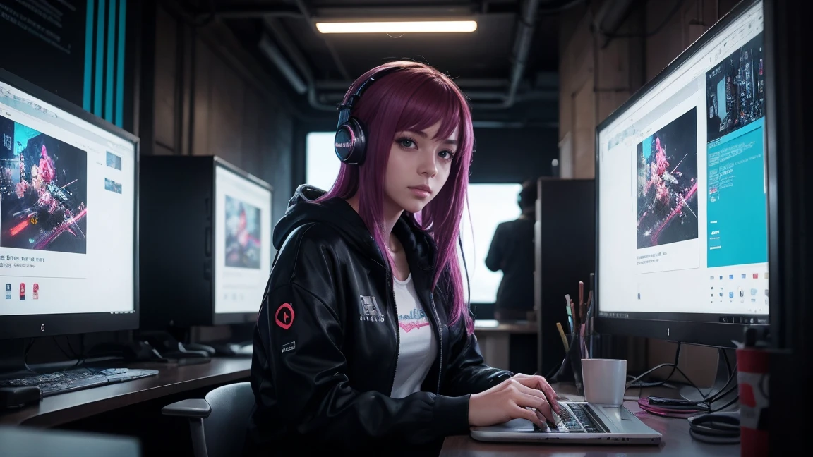 arafed image of a girl sitting at a desk with a laptop and headphones, cyberpunk art inspired by Alena Aenami, trending on Artstation, digital art, cyberpunk vibe, digital cyberpunk anime art, cyberpunk art style, digital cyberpunk - anime art, cyberpunk anime girl in hoodie, cyber style, cyberpunk vibes, in cyberpunk style, cyberpunk anime girl, cyber school girl