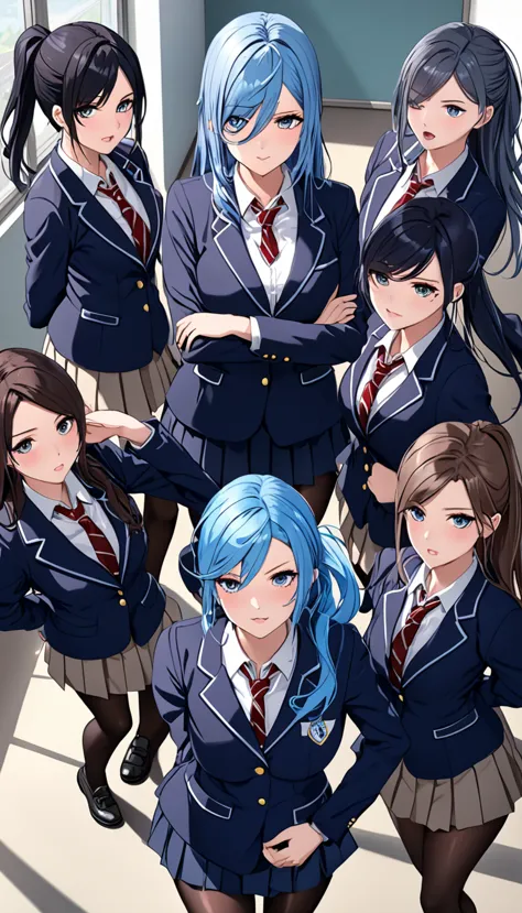 highest quality、1 1 female、high school girl、blue hair、long hair、dark eyes、ponytail、big breasts、parted bangs、blazer type student ...