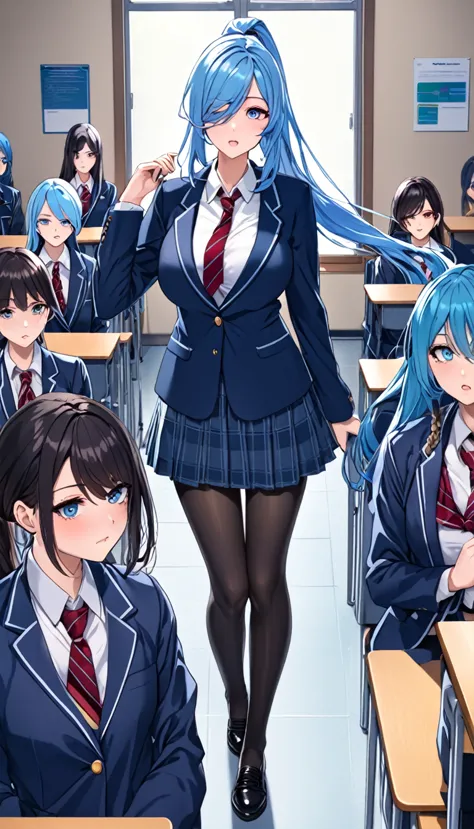 highest quality、1 1 female、high school girl、blue hair、long hair、dark eyes、hanging eyes、ponytail、big breasts、parted bangs、blazer ...