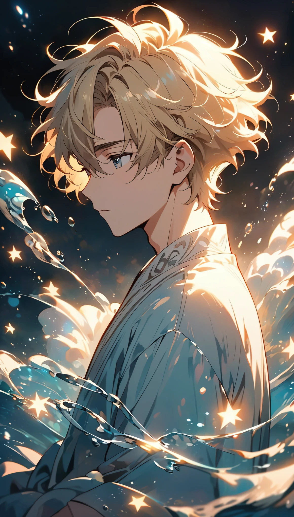 alone，beautiful young male, short hair,Exquisite anime style illustrations.blond hair, Soft style, rosy cheeks, with a dreamy, Slightly absent-minded expression, Capture a quiet moment of contemplation，Soft Light，messy hair，Water magic，stars shine，