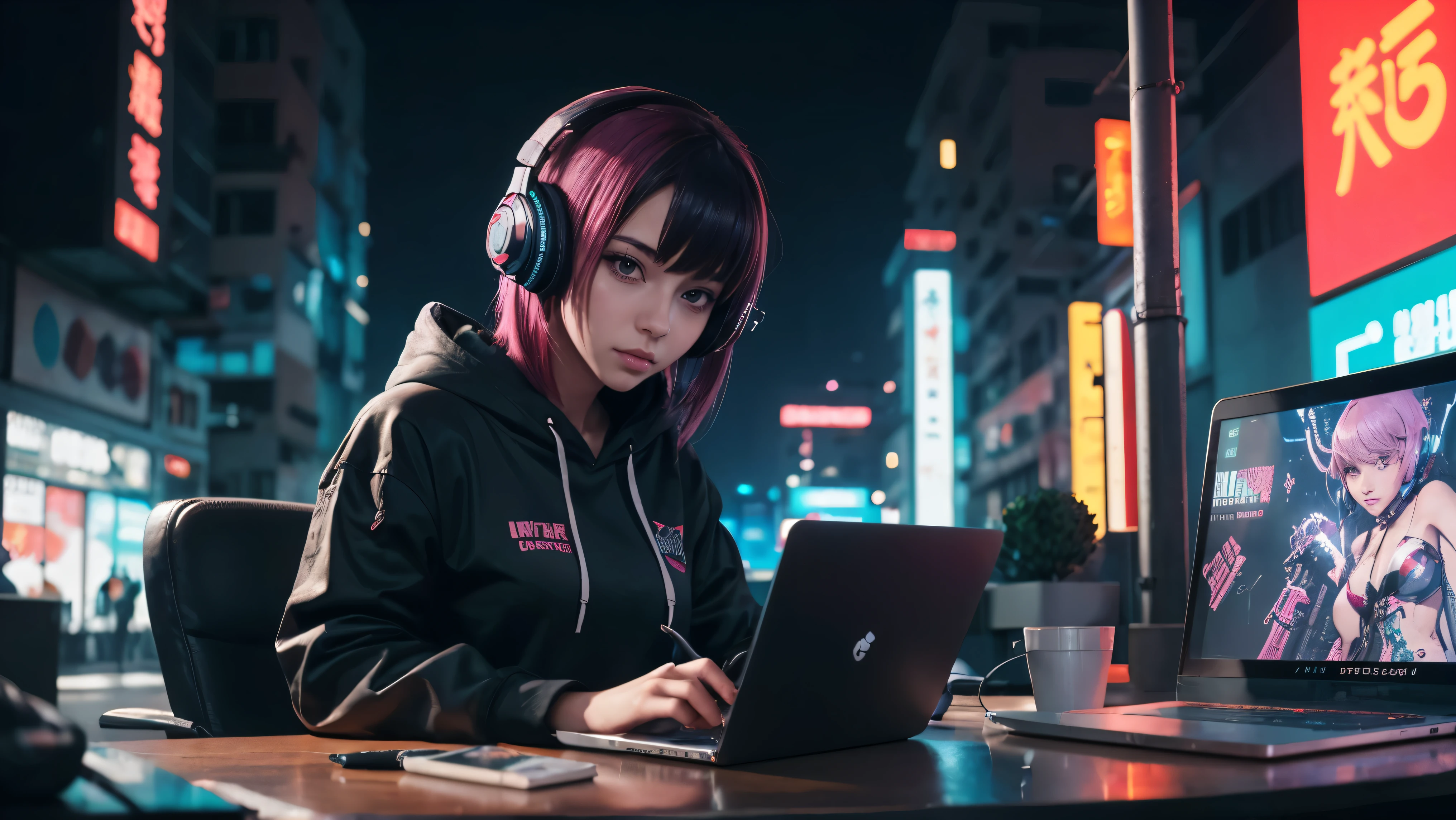 arafed image of a girl sitting at a desk with a laptop and headphones, cyberpunk art inspired by Alena Aenami, trending on Artstation, digital art, cyberpunk vibe, digital cyberpunk anime art, cyberpunk art style, digital cyberpunk - anime art, cyberpunk anime girl in hoodie, cyber style, cyberpunk vibes, in cyberpunk style, cyberpunk anime girl, cyber school girl