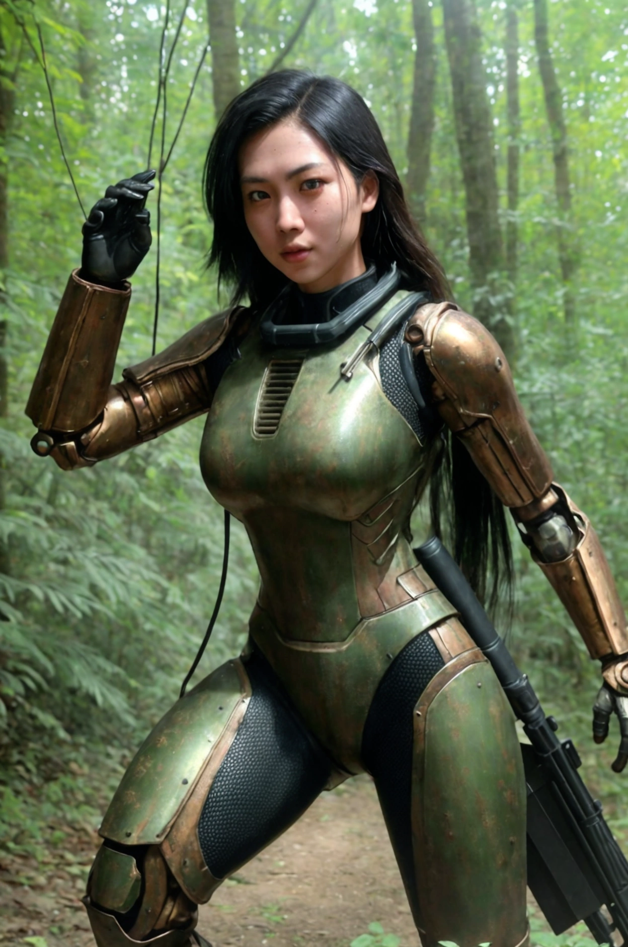 8K, Real Photo, Realistic Skin Texture, Super Realism, (WWII Era), (Mechanical Suit), Steampunk, Beautiful Forest Through Trees, Heavy Weapons, Vivid Textures, Beautiful Hair, Indonesian Female Soldier, (Super Beautiful Face), Legs, ((Super Realistic All Textures)), ((Superall intricate details))), full body shot, super clear photo results, olive drab color, scratches, rust, weathering, sweat, action poses in motion, shot with Fujifilm X-T30 + Nokton. HDR10, minimum 4 images created.