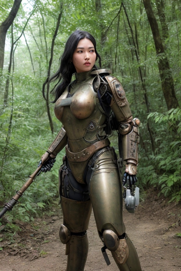 8K, Real Photo, Realistic Skin Texture, Super Realism, (WWII Era), (Mechanical Suit), Steampunk, Beautiful Forest Through Trees, Heavy Weapons, Vivid Textures, Beautiful Hair, Indonesian Female Soldier, (Super Beautiful Face), Legs, ((Super Realistic All Textures)), ((Superall intricate details))), full body shot, super clear photo results, olive drab color, scratches, rust, weathering, sweat, action poses in motion, shot with Fujifilm X-T30 + Nokton. HDR10, minimum 4 images created.