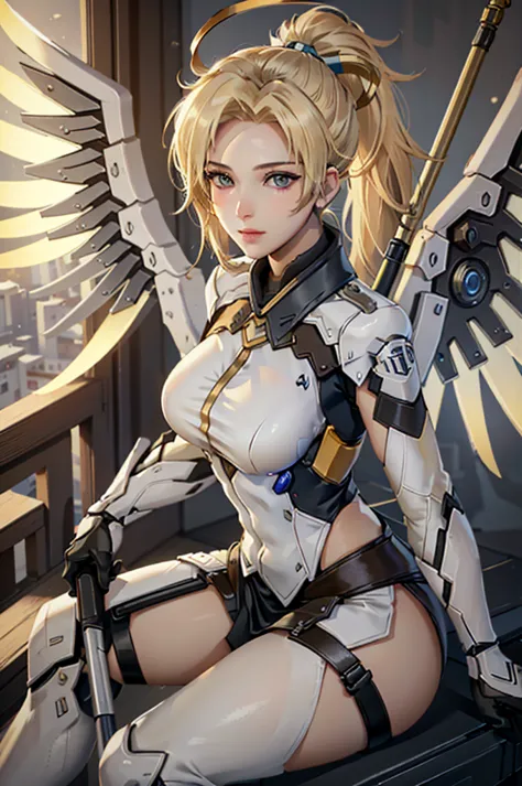 mercyover, 1girl, mercy (overwatch), mechanical wings, mechanical halo, solo, blonde hair, wings, blue eyes, halo, staff, yellow...