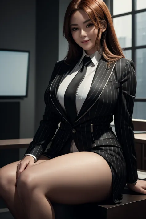 giantess art,huge breasts, curvy figure, black pinstriped three-piece suit, crisp white form hugging tailored shirt, thick metal...