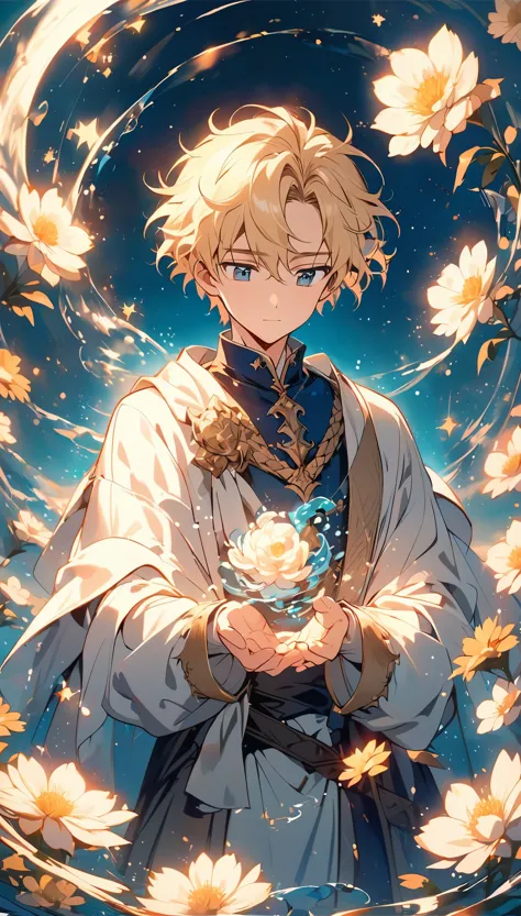 alone，beautiful young male，duke, short hair,exquisite anime style illustrations.blond hair, soft style, rosy cheeks, with a drea...