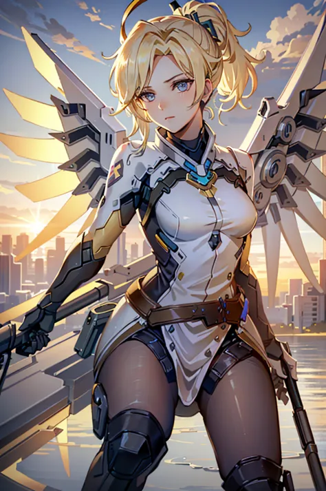 mercyover, 1girl, mercy (overwatch), mechanical wings, mechanical halo, solo, blonde hair, wings, blue eyes, halo, staff, yellow...