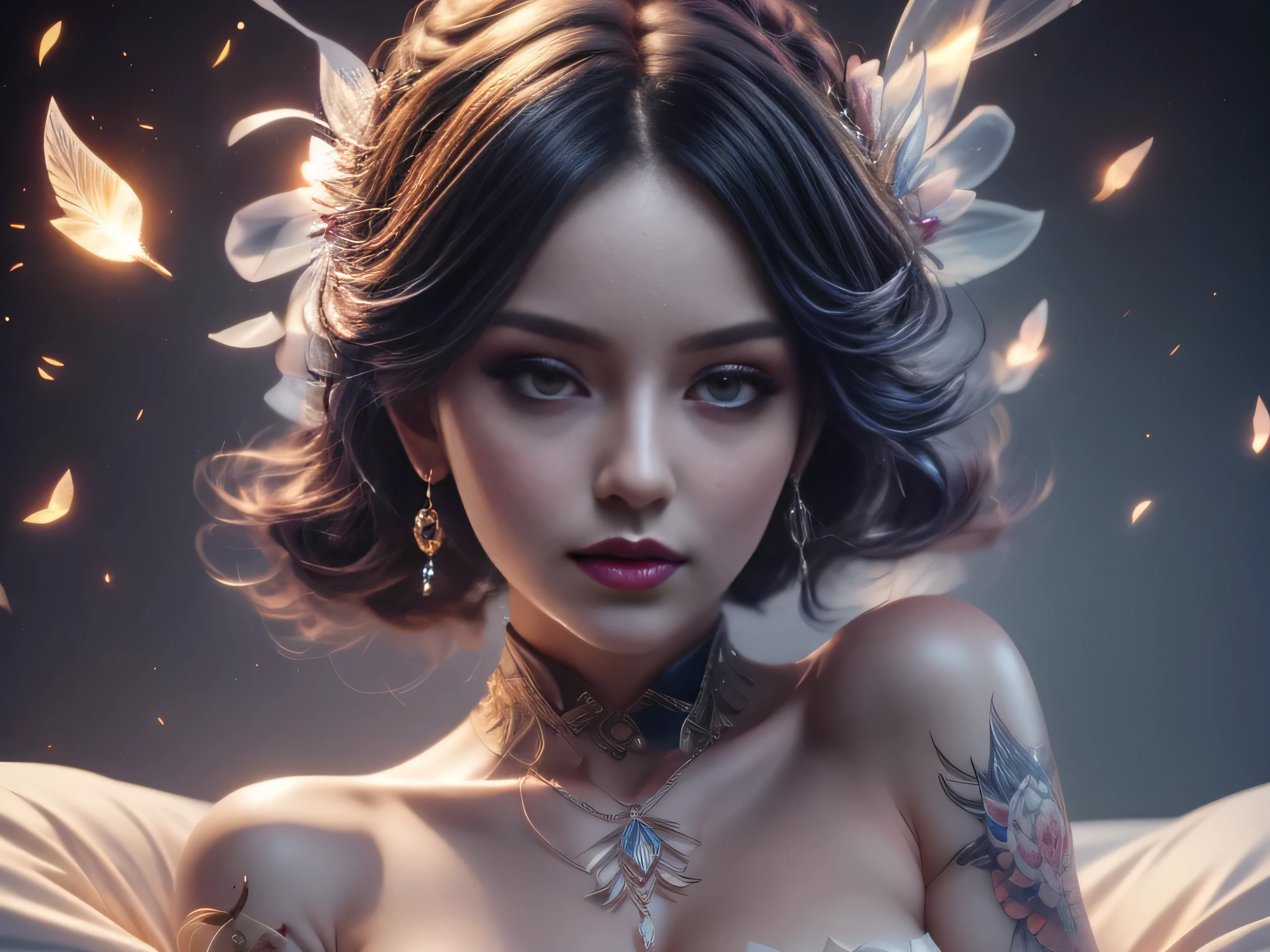 (Best Quality, 8K, Masterpiece, HDR, Soft Light, Picture Perfect, Realistic, Vivid), Full body photography of Goddes, (Clear Focus: 1.5), (Reality: 1.4), There is a naked goddess of darkness lying on a luxurious bed, she has a beautiful face, long black hair, silver eyes, smoky makeup and black lipstick, on her body is a thin transparent layer that is covered with tattoos, she has a seductive look and she lies in a seductive pose, an aura of dark smoke surrounds her, (ultra high-quality fantasy art, dark fantasy style, masterpiece, ultra high-quality character design, 8k quality anime art, realistic anime art, high-quality wallpaper illustrations, detailed ultra-high-quality accurate face, high-quality design and accurate physics), (Accurate simulation of the interaction of light and materials)], [High-quality hair detail [More about the beautiful and shiny black hair]], (Beautiful detailed hands [perfect fingers [perfect nails]]], (perfect anatomy (perfect proportions)))) [[Full-length]], [Perfect color combination (Accurate imitation of the interaction of light and material)], [art that conveys the meaning of the story]