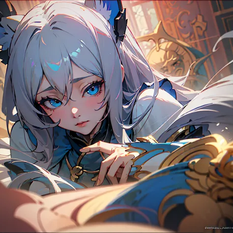 close-up captures a blue eye、white haired person, zodiac girl knight portrait, anime goddess, extremely detailed artistic germ, ...