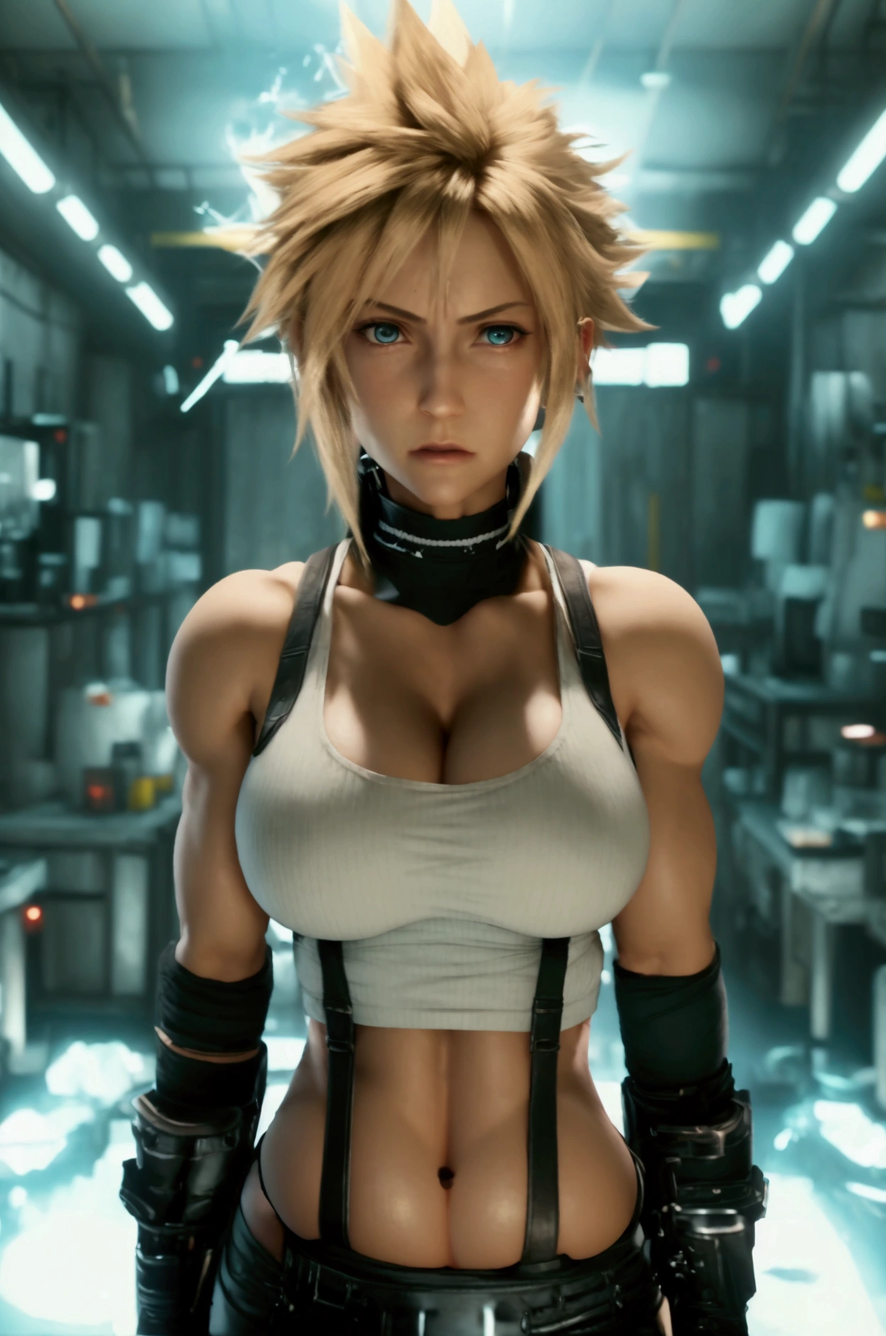 ff7,Cloud,女体化したCloud,Short Hair,Blonde,Golden Hair,,Watching the photographer,Accurate 5 fingers,Feminization, Highest quality, masterpiece, Absurd,4K, Huge Tits!, Big Breasts!,have very large breasts, real,high resolution,Realistic skin,Huge valley!,It emphasizes the cleavage,looking at the camera,Subjective angle,Subjective images,Muscular,Six Pack,Abdominal muscles,1 person,Angle from the front,Facing directly ahead,Watching the photographer,Wearing a white tank top over a black undershirt,Black Skirt,Black Leather Gloves,Black suspenders,Black tights,Red Boots,Expressionless,,Looking at the photographer,Inside the laboratory,Being in the lab,Pale lighting,Machine made choker,A choker made of metal,Crouching position with legs spread apart,Hollow Eyes,empty eye,Putting hands behind the head,