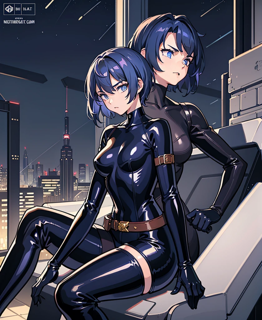 One girl, masterpiece, Lady_Nagant, Super Short Hair, Dark blue fur,  blue eyes, Severe, Bodysuits, Portraiture, Mechanical Belt, Night city background, latex,Elbow-length gloves、Knee-high boots