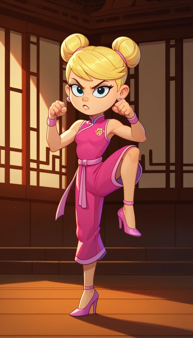 lola loud, 1girls, solo, 7yo girl, child, pink cheongsam, inside of a chinese temple, looking at viewer, blonde hair, two hair buns , hands score_9, score_8_up, score_7_up, high heels, teep fighting stance,martial arts