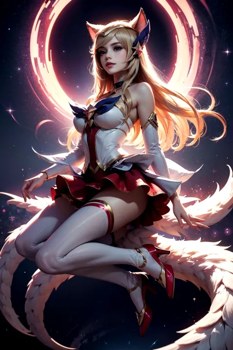 masterpiece, top quality, star guardian ahri, 1girl, animal ears, hair accessories, undressed sleeves, bare shoulders, skirt, ma...