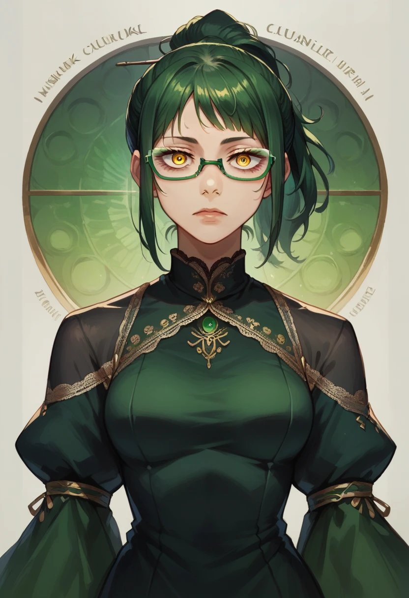 score_9, score_8_up, score_7_up, score_6_up, BREAK, masterpiece, best quality, 1 girl, solo, Maki , detailed eyes, at the club, yellow eyes, green ponytail hair, square glasses, long lace dark dress