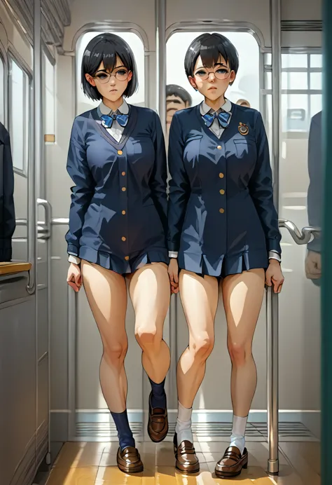 a high school girl is stripped naked on a train，（naked with navy blue short socks and loafers），full body shot，short black hair，g...