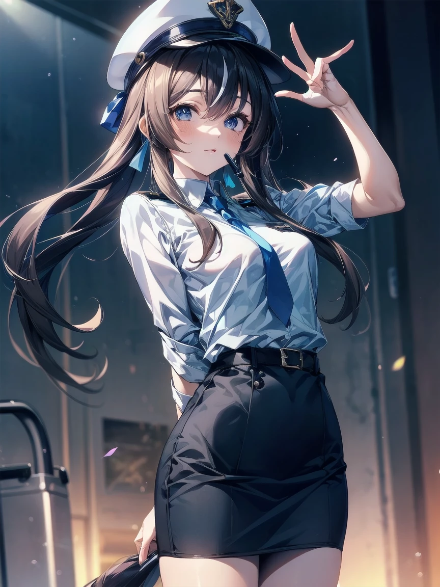 Cowboy Shot,Are standing,vivlos \(umamusume\), hair ornaments,Small breasts, Horse tail,(Female police officer,Police hat,Dark blue tie,Light blue shirt,Pencil Skirt:1.3),masterpiece,Noise Reduction,Perfect Anatomy,High resolution, Very detailed, Very detailed face,Game CG,Dutch Angle ,Beautiful attention to detail,Visual Arts,Five Fingers, Perfect hands, Perfect lighting, Sparkling Eyes,