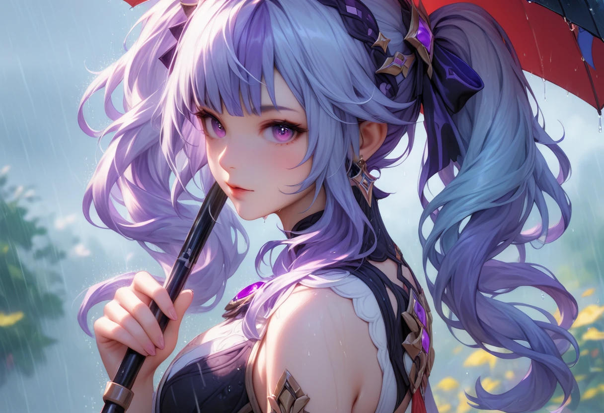 a girl, standing, holding a umbrella, rain, lookup the sky
((Masterpiece, Highest quality)), female girl, Detailed face, character design sheet， full bodyesbian, Full of details, frontal body view, back body view, Highly detailed, Depth, Many parts, tow tails cyan Spiral hair, purple eyes, very beautiful girl, violet color french outfit , Genshin Impact, teenager body girl
