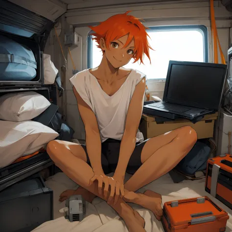 edward,sitting on the floor, typing on a laptop, abdomen,orange hair,white shirt,off the shoulder,clavicle,sunburn, black bike s...