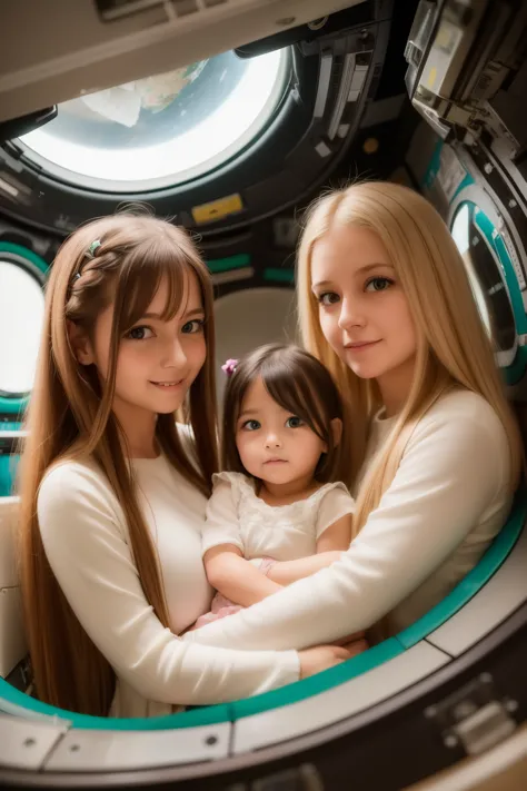 two little girls and a mother in a space station, a  with long blond hair, a  with long brown hair. mom with long hair and dark ...