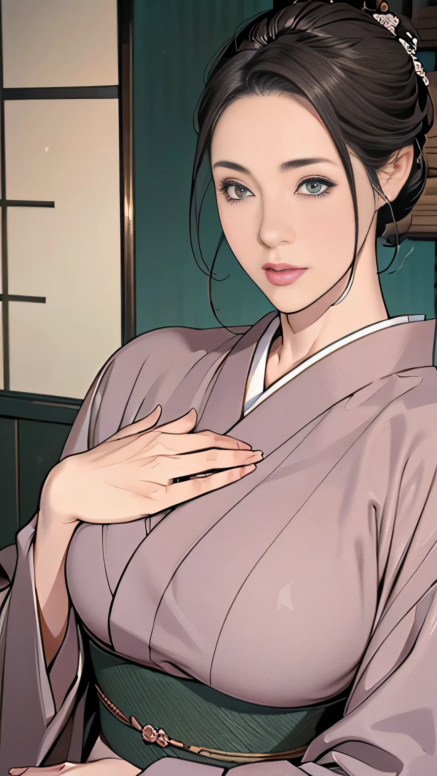 1，Japanese hairstyle，Photorealism，detailed，masterpiece，mature，((full))， (Broad shoulders), ((Huge))，Plus size mature women，expensive，30 years old，Pretty face, (Plump woman)，Beautiful long-sleeved kimono，kimono，Hold your chest with both hands:1，high quality，Are standing，High Resolution 4K Information,Kyoto,
