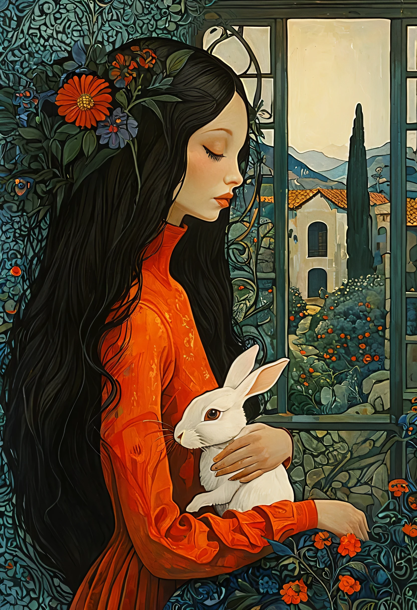 masterpiece,最high quality,Organic Style、A long-haired woman lovingly holding a rabbit、Surrealism,figure,Portraiture、Diane Dillon Style,The highest masterpiece、high quality、Golden ratio composition、