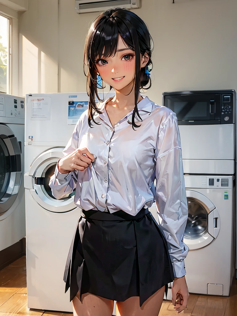 One girl, Laundry room,washing machine, Laundry basket, a few underwears are in a Laundry basket, hair,Color Hair Color, Small breasts、break,blush, bow, 赤いbow, Long sleeve, shirt, 襟付きのshirt, skirt, プリーツskirt, 黒いskirt, Small breasts, {{{Face close-up}}},Upper Body,,Pay attention to the panties,Quality underwear, Looking down,View your viewers, Panties as a gift, Tabletop, Highest quality, , Absurd, Perfect Skin, Detailed skin texture, Ultra-detailed, 8k, Intricate details, Beautifully detailed face,High resolution, {{{Shadowed face}}}, to ridicule, {{{Grit your teeth:1.2}}}, Grin, smile, 視聴者をLooking down, masterpiece,Absurd, Beautiful detailed face when viewed from the front,
