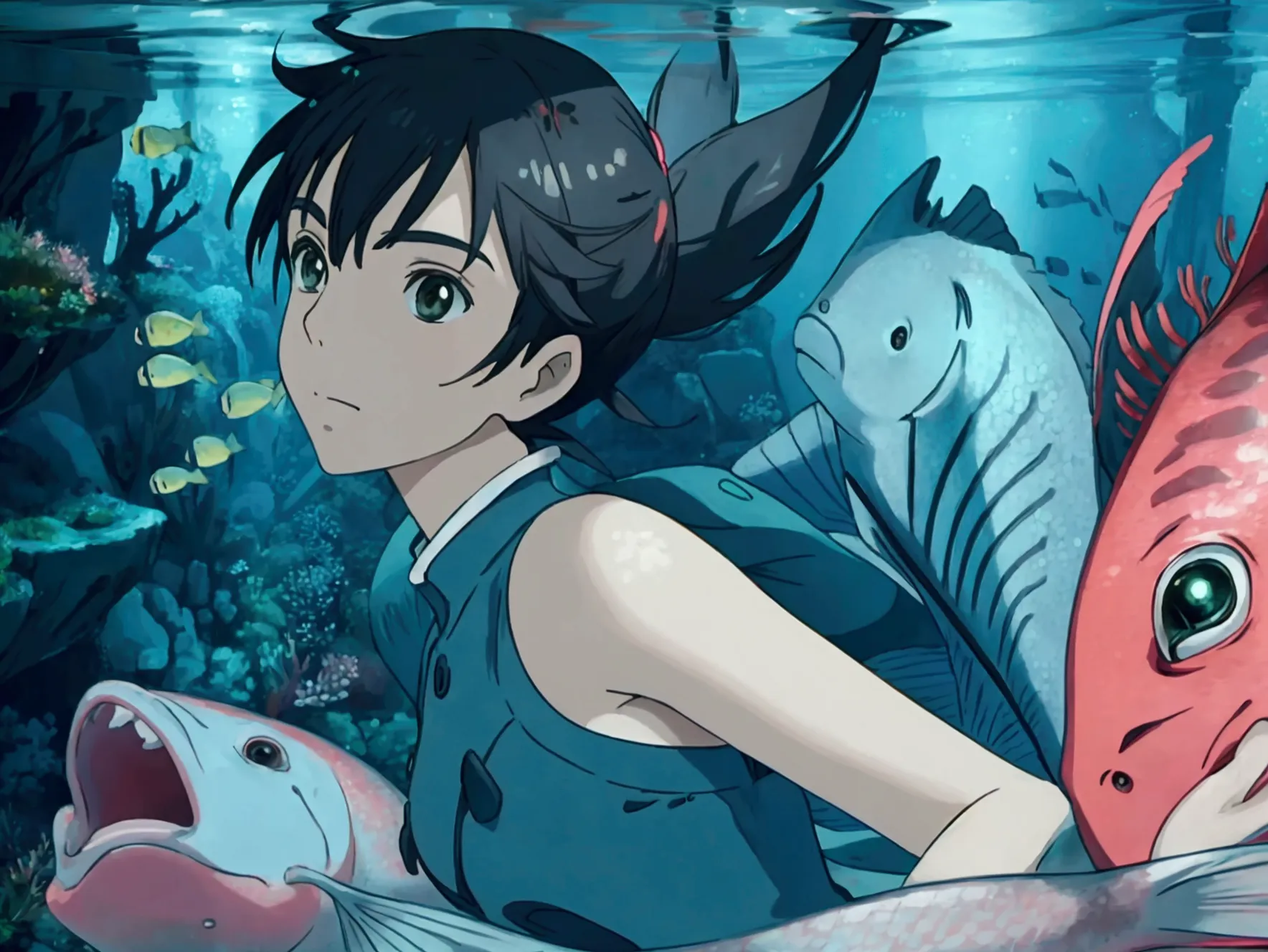 makoto shinkai style　underwater　girl riding a fish surrounded by fish