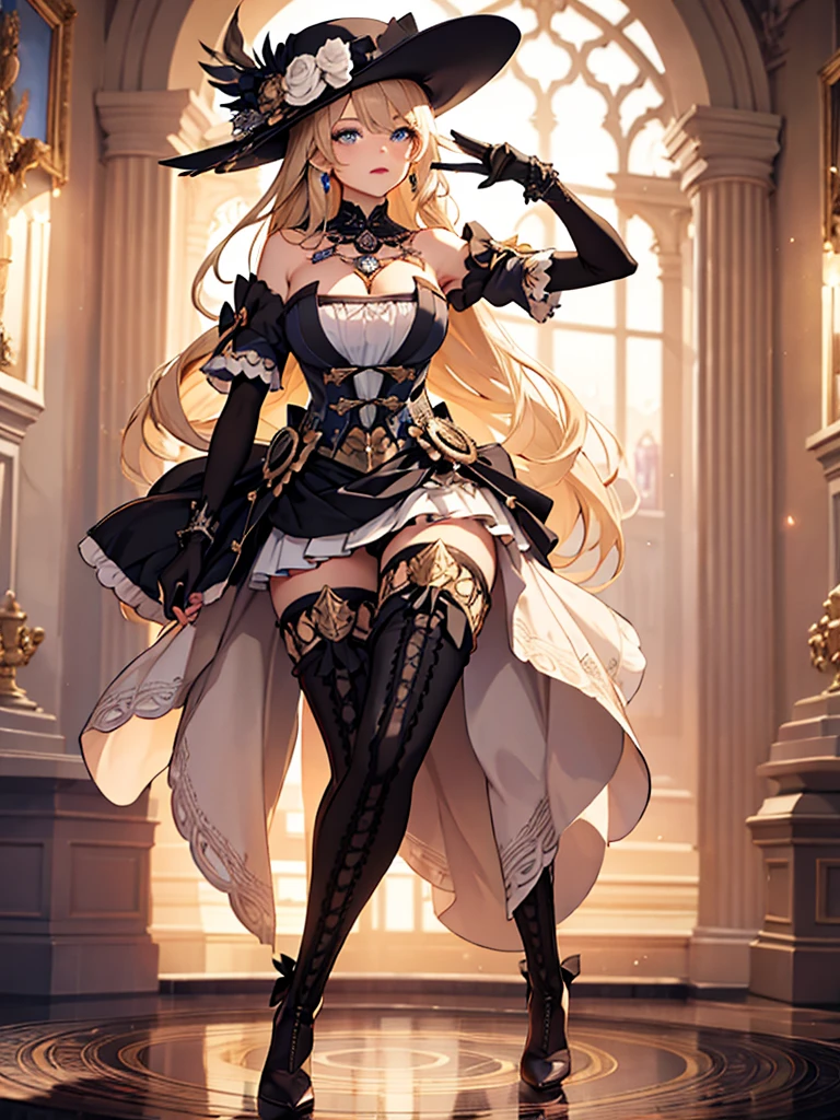 1 woman, fancy hat, thigh boots, detached sleeves, single glove, strapless dress, detached collar, showgirl skirt, necklace, waist cape beauty legs, Skinny Legs, surrealism, Ultra Quality, Masterpiece, Ethereal,Ultra-Detailed,8K, breathtaking beauty, vivid colors reflects, full body picture