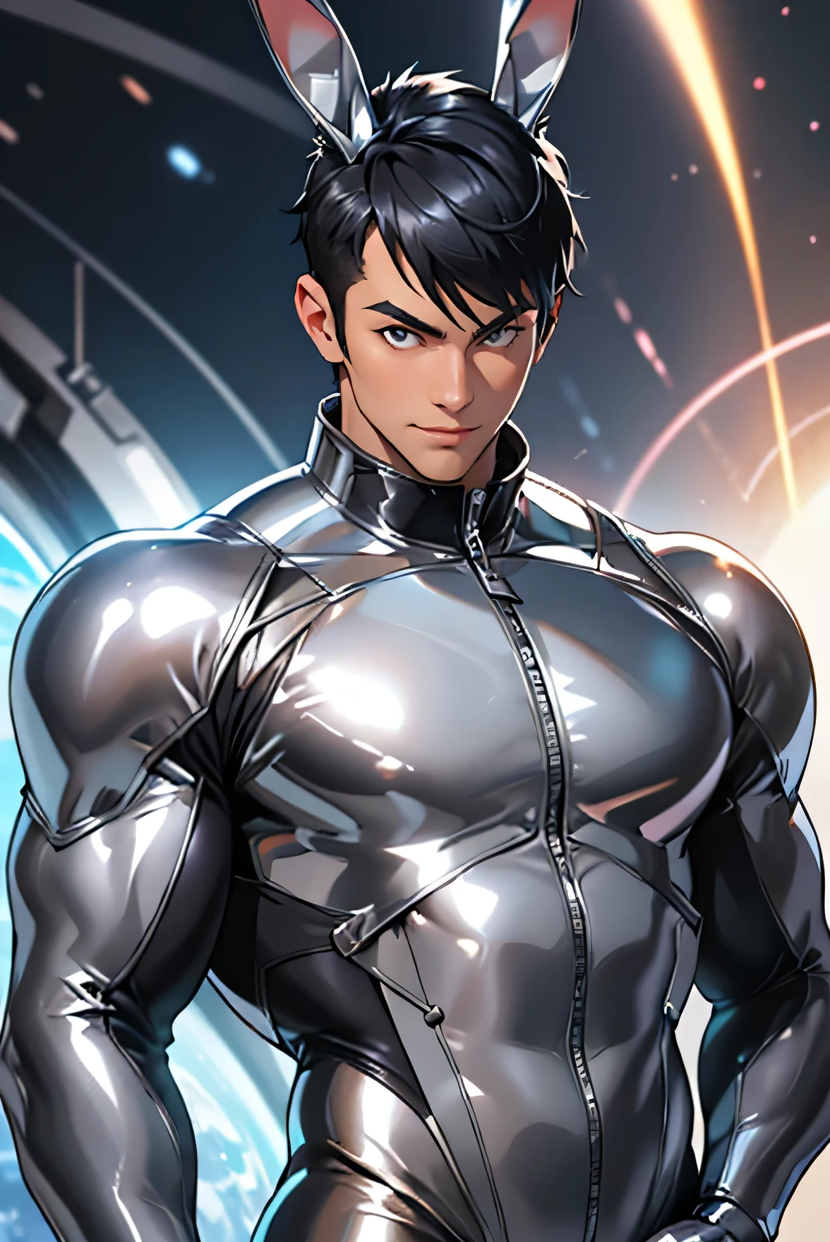 Japanese　　Handsome model　Fierce　　2　male　　smile　　　Black Hair　　Short cut　Short hair　　　looking at the camera　　　　　Shiny full-body silver suit　Mega Bulge　　Shiny silver latex suit　　looking at the camera　future world　 　　planets on the background　　　Upper body close-up　　Bunny ears　Face close-up