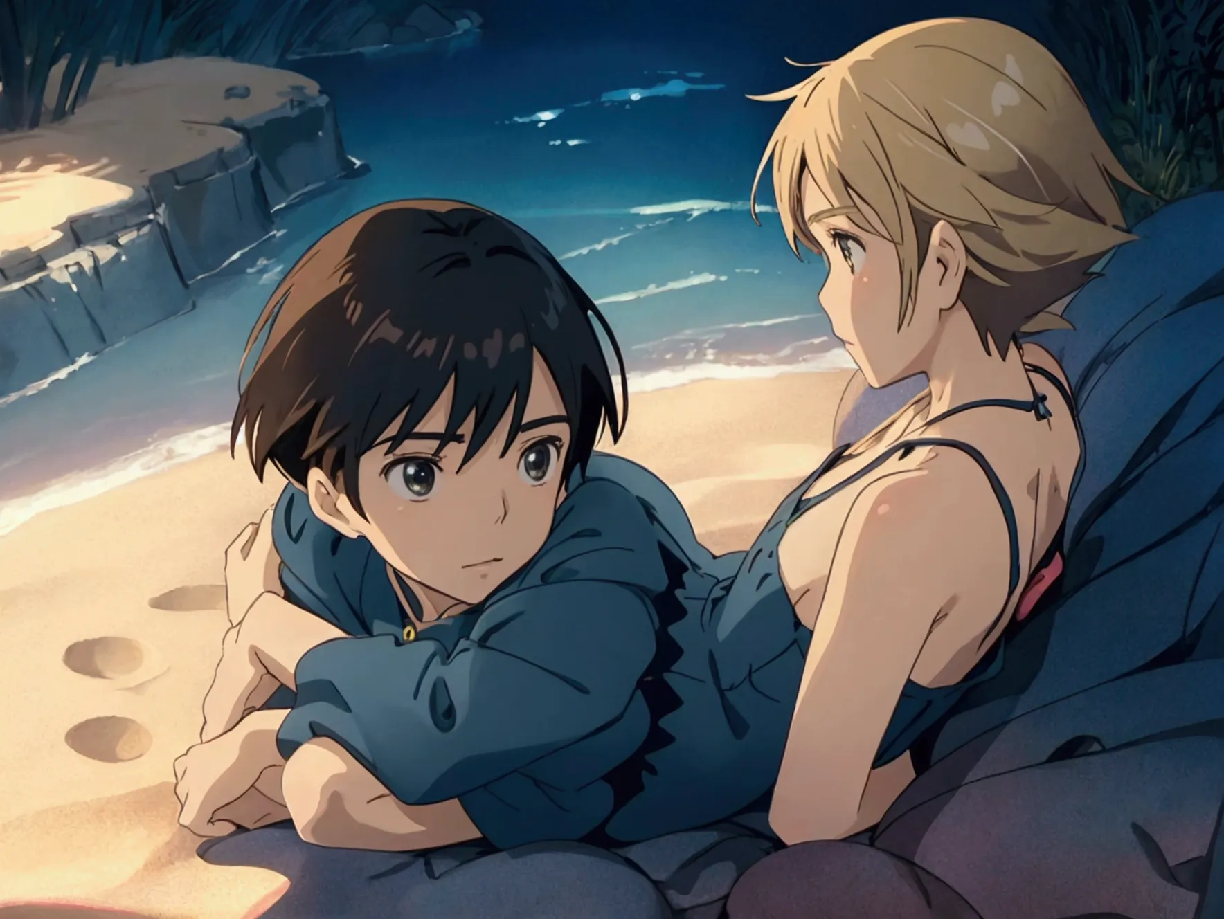 makoto shinkai style　a girl is lying on the sand at night、anime-style２d、lo-fi、dark environment