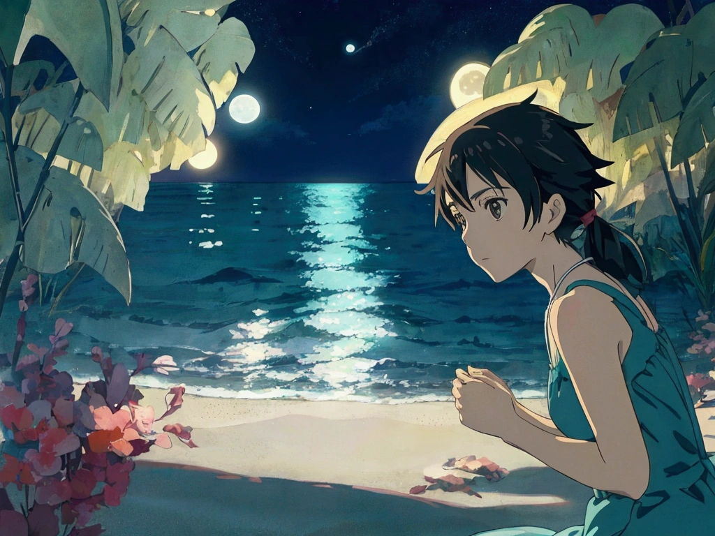 Makoto Shinkai style　A girl is lying on the sand at night、Anime-style２d、Lo-Fi、Dark Environment、The moon is visible and reflected in the sea