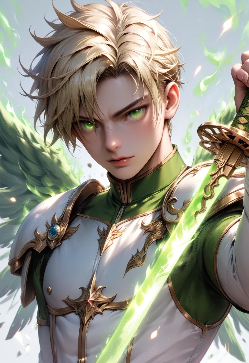 a cinematic photograph of an male angel warrior with blonde hair, super detaild and beautiful face and green glowing eyes wearing shiny armor wielding a green flaming sword in an attacking pose, white and green wings on back, photorealistic, photography lighting, extremely detailed, shot on Sony A7R V with Leica lens, fire background. HKStyle, hkevil, mythp0rt
