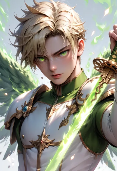 a cinematic photograph of an male angel warrior with blonde hair, super detaild and beautiful face and green glowing eyes wearin...