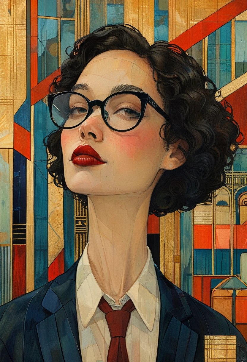 masterpiece,最high quality,Organic Style、Female Wall Street Dealer、Talking on your phone、Black-rimmed glasses、Red lipstick、Wearing a suit from a set、whole body、Diane Dillon Style,最高masterpiece、high quality、Golden ratio composition、