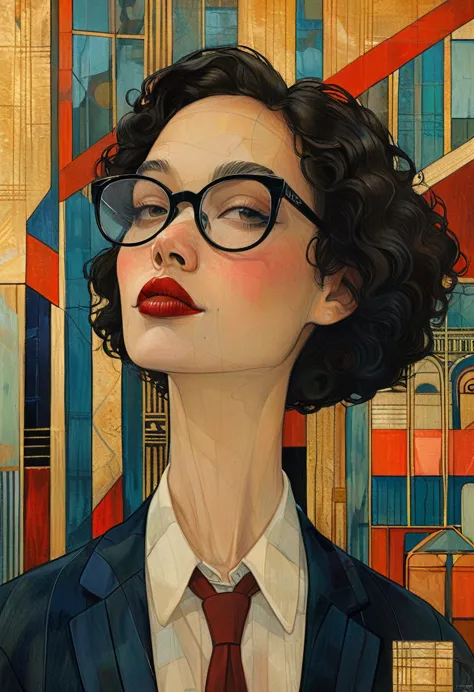 masterpiece,最high quality,organic style、female wall street dealer、talking on your phone、black-rimmed glasses、red lipstick、wearin...